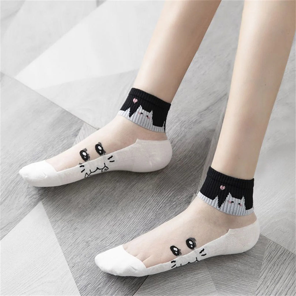 Dreamlikelin 5 par/lote calcetines de verano blanco y negro gato seda de cristal transpirable calcetines femeninos calcetines cortos simples