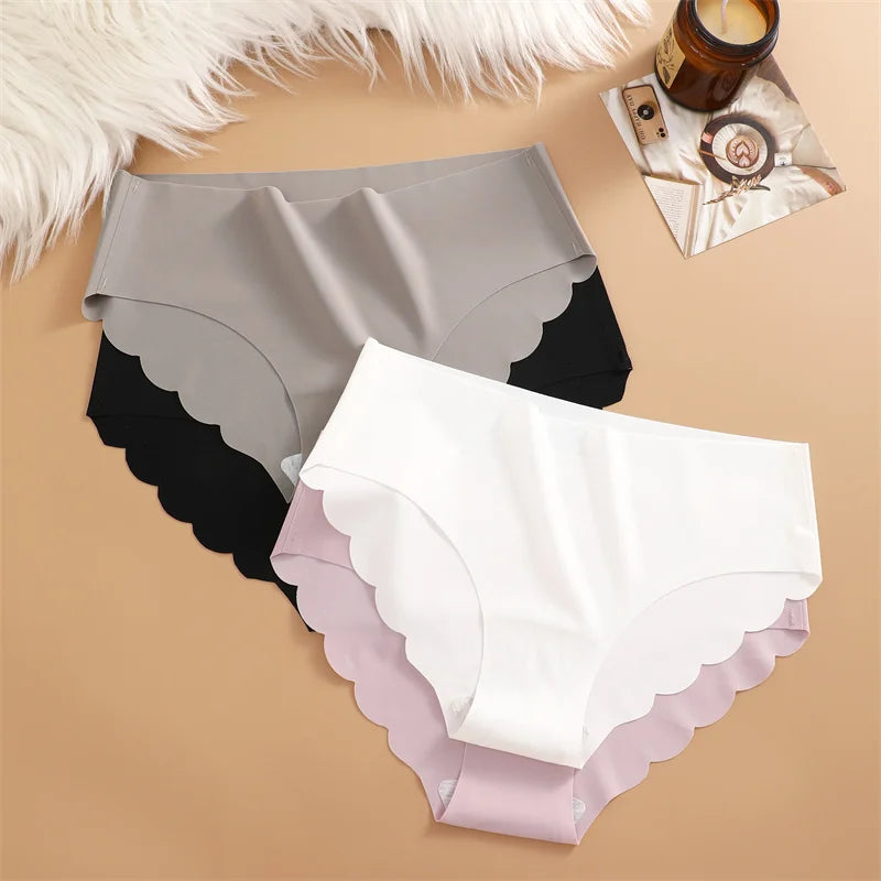 Bragas sin costuras de seda de hielo, 4 unidades/juego de bragas para mujer, ropa interior elástica de Color sólido, bragas laterales onduladas ultrafinas sin rastro