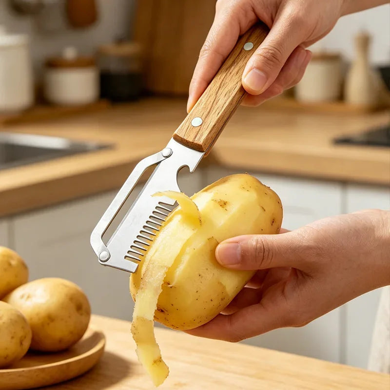 Pelador de Cocina de Acero Inoxidable con Mango de Madera para Pelar y Rebanar Frutas y Verduras, Utensilio de Cocina