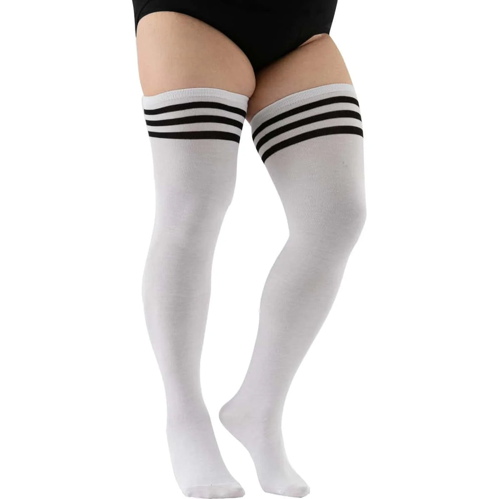 Calcetines largos a rayas blancas y negras, medias altas hasta el muslo elásticas por encima de la rodilla de talla grande, calentadores de piernas para Otoño e Invierno para mujeres de gran tamaño XL