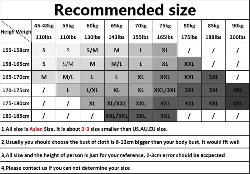 Tabla de tallas recomendadas para camisetas, especificando tamaños en relación a peso y altura.
