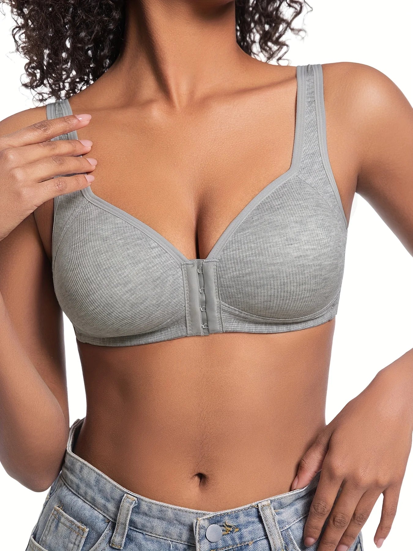 Sujetador de mujer sin aros con cierre frontal, color sólido, cobertura total, copas fijas, más consideradas para personas de mediana edad y mayores individuales