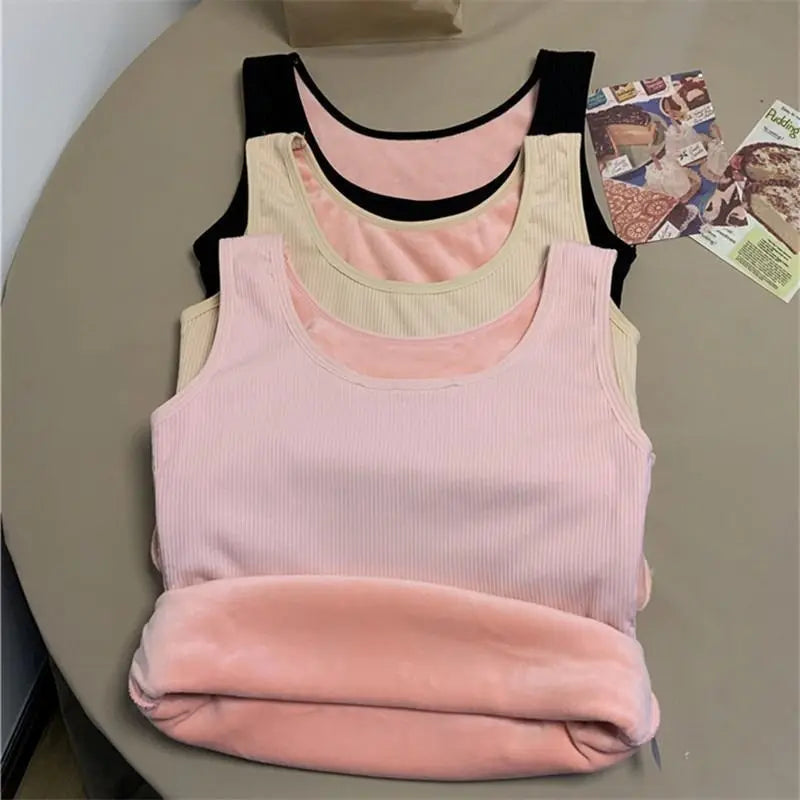 Ropa interior térmica de invierno para mujer, Top sin costuras, camisa de terciopelo, chaleco sin mangas, camiseta interior cálida para mujer, lencería Sexy de Color sólido