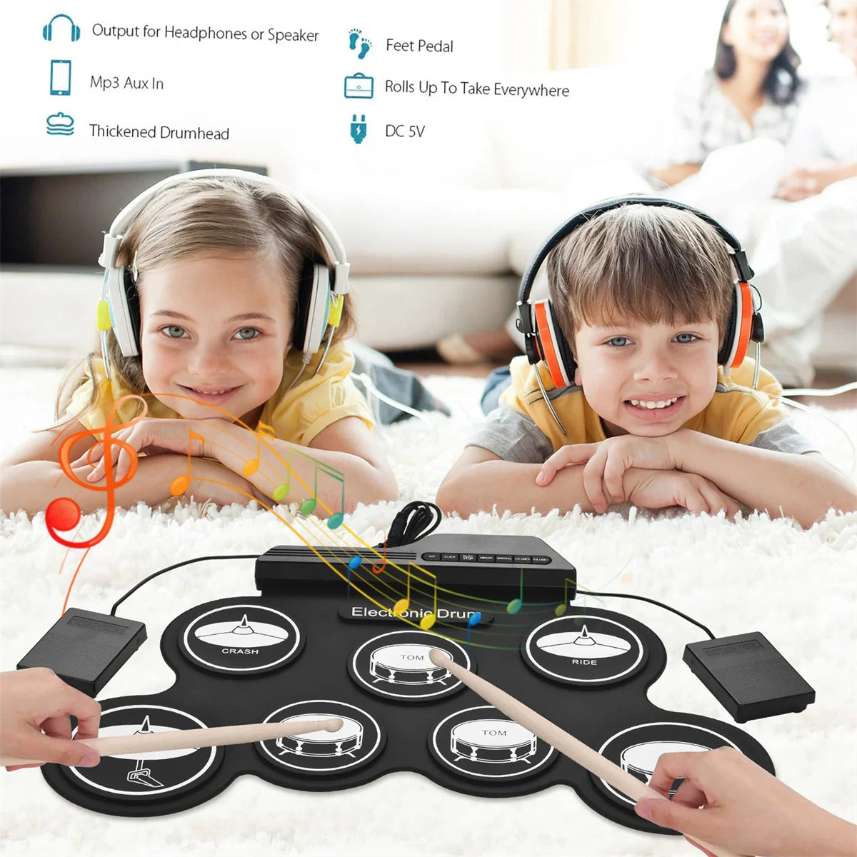 Rollo de mano de silicona plegable, tambor electrónico USB, Kit de almohadilla de práctica portátil con baquetas, Pedal de sostenido, novedad de 2022