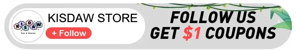 Botón de seguir de KISDAW STORE con oferta de cupones de descuento de $1.