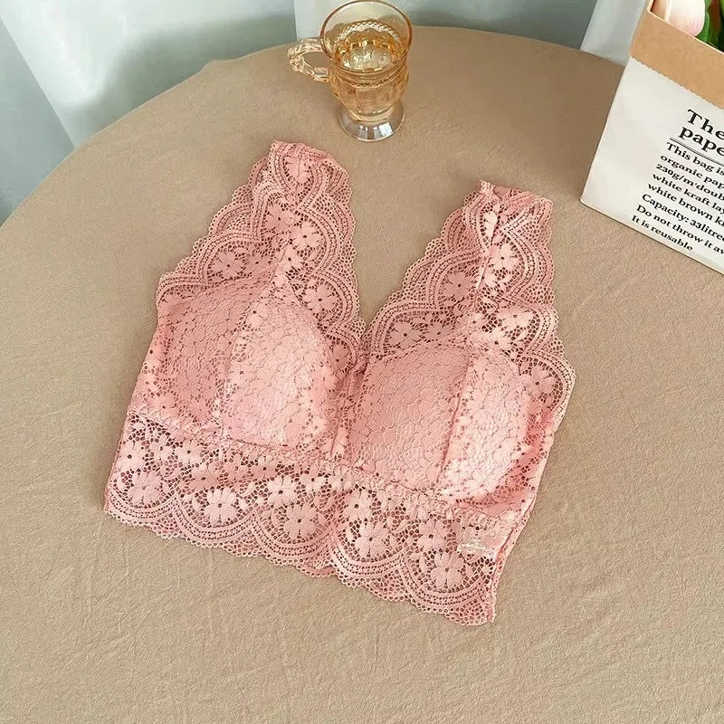 Sujetadores de encaje para mujer, Top con escote en V profundo, lencería Sexy sin aros, camisetas sin mangas, ropa interior femenina, Bralette con espalda en V, camisola acolchada