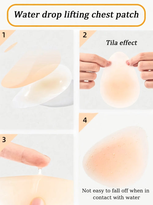 Cubrepezones autoadhesivos para trajes de baño en uso, mostrando instrucciones y efecto de levantamiento.