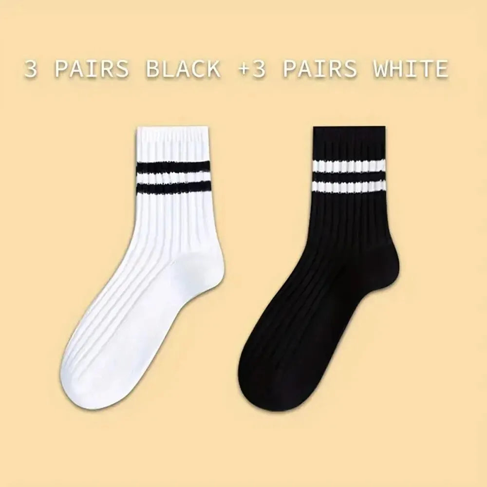 6/10 pares de calcetines para hombre, calcetines sencillos informales a rayas blancas y negras para primavera y otoño, calcetines transpirables de tubo medio, calcetines de cuello redondo de alta calidad