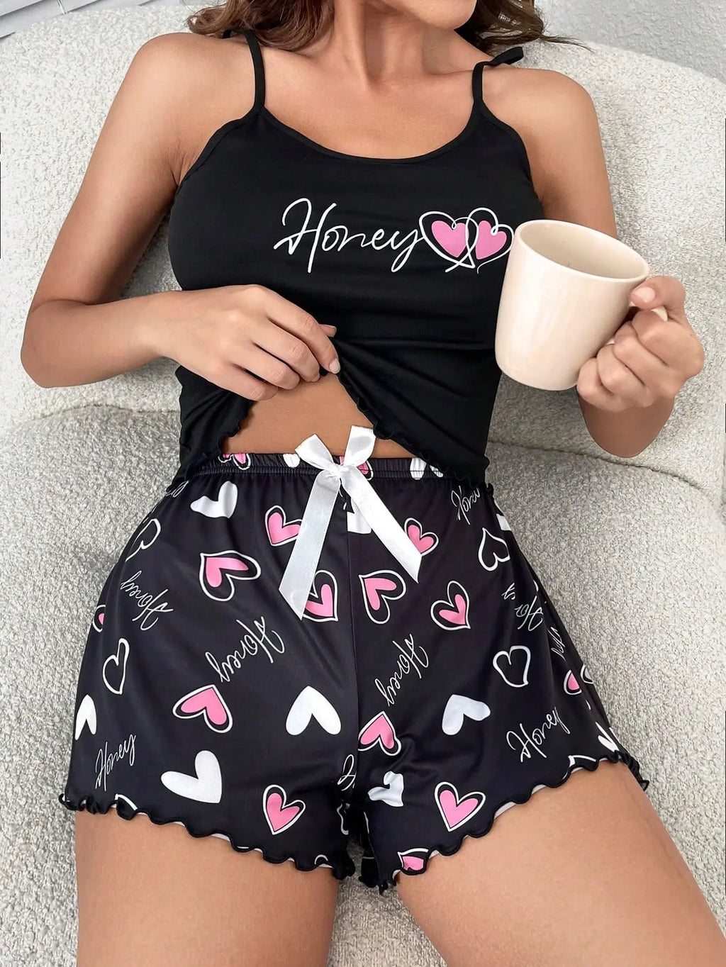 Conjunto de pijama informal con estampado de encaje y tirantes con cuello en V de dos piezas para mujer
