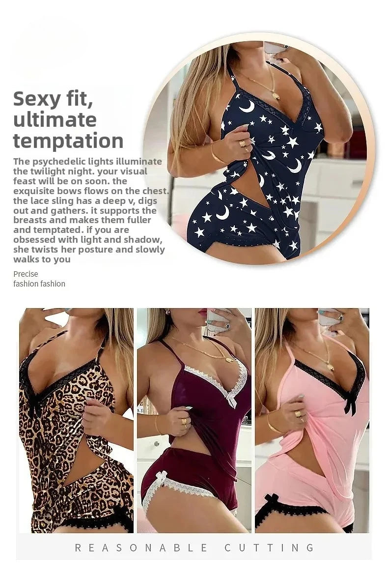 Conjunto de camisón con ribete de encaje sexy, ropa de dormir con tirantes para el hogar de gran tamaño, conjunto de dos piezas, gran oferta