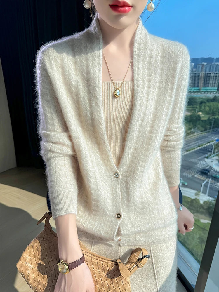 Cárdigan con cuello de bufanda para mujer, Tops, Otoño Invierno, nuevo suéter elegante de lana merina de 100%, suéter de lana elegante para mujer, blusa suave elegante