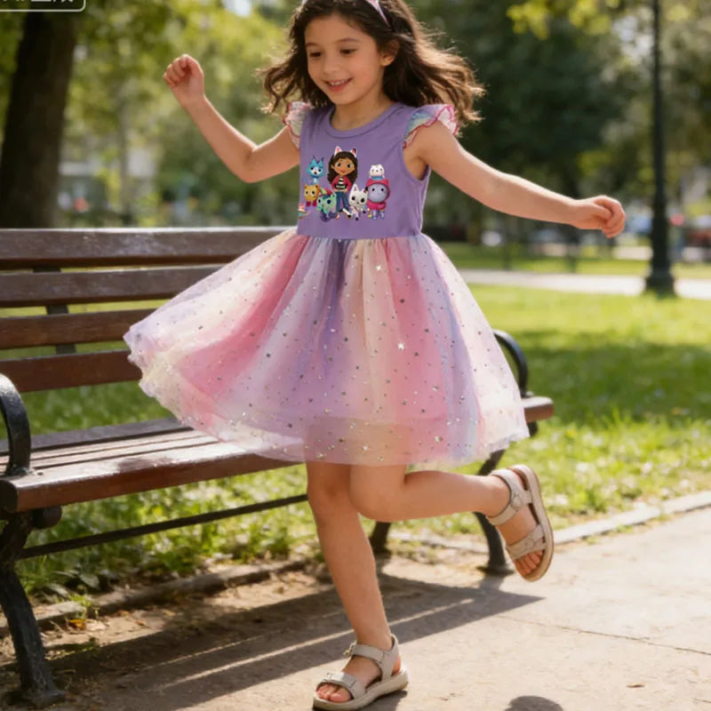 Vestido de gato de dibujos animados para niñas, vestido de princesa estampado con diadema, vestido tutú con mangas voladoras para niños, vestido de cumpleaños de Pascua