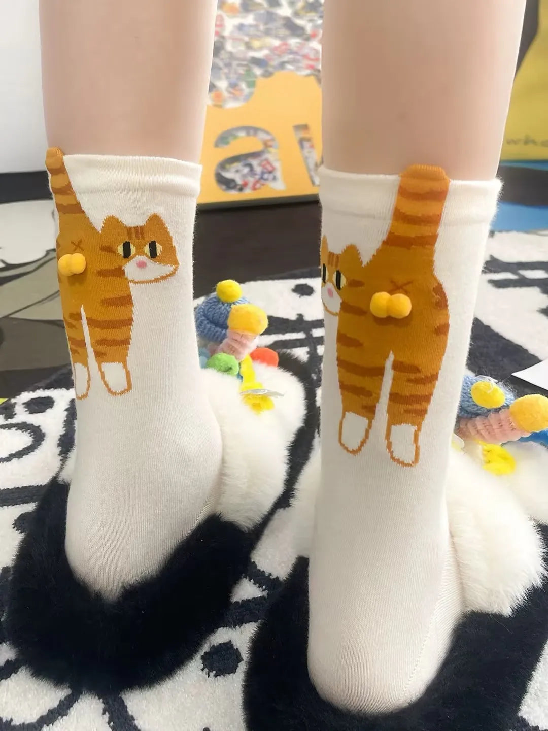Calcetines Divertidos con Diseño de Gato, Negros/Blancos, Transpirables, Suaves, para Mujer, Novedad, Regalo Kawaii