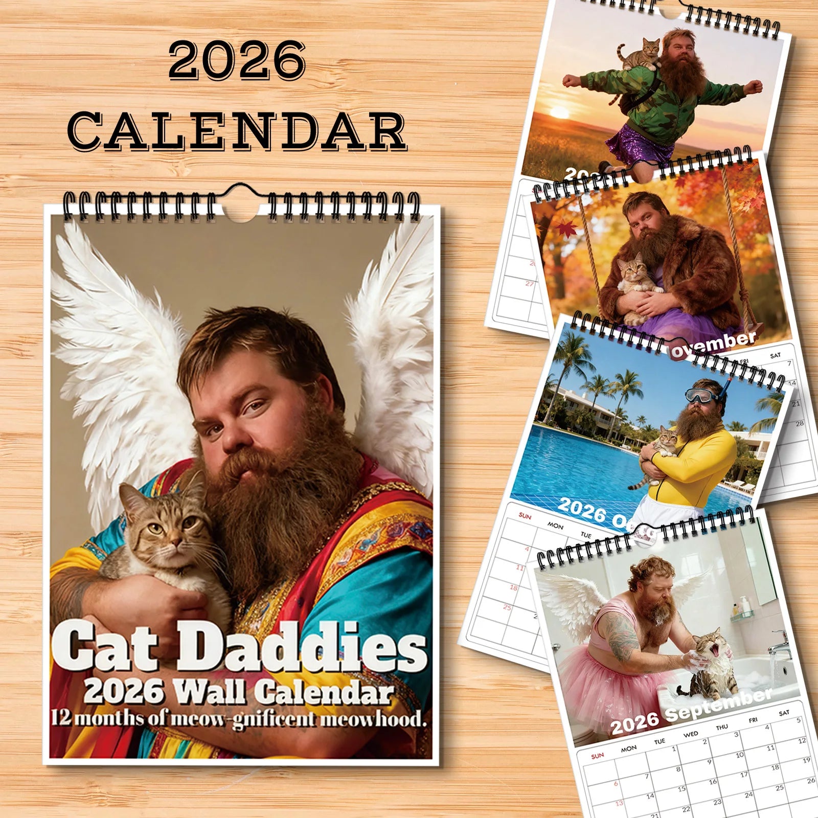 Calendario de pared con temática de Daddies de gato 2026, amantes de los gatos y entusiastas de las mascotas, Ideal para decoración del hogar y la oficina, calendario de pared divertido, 1 ud.