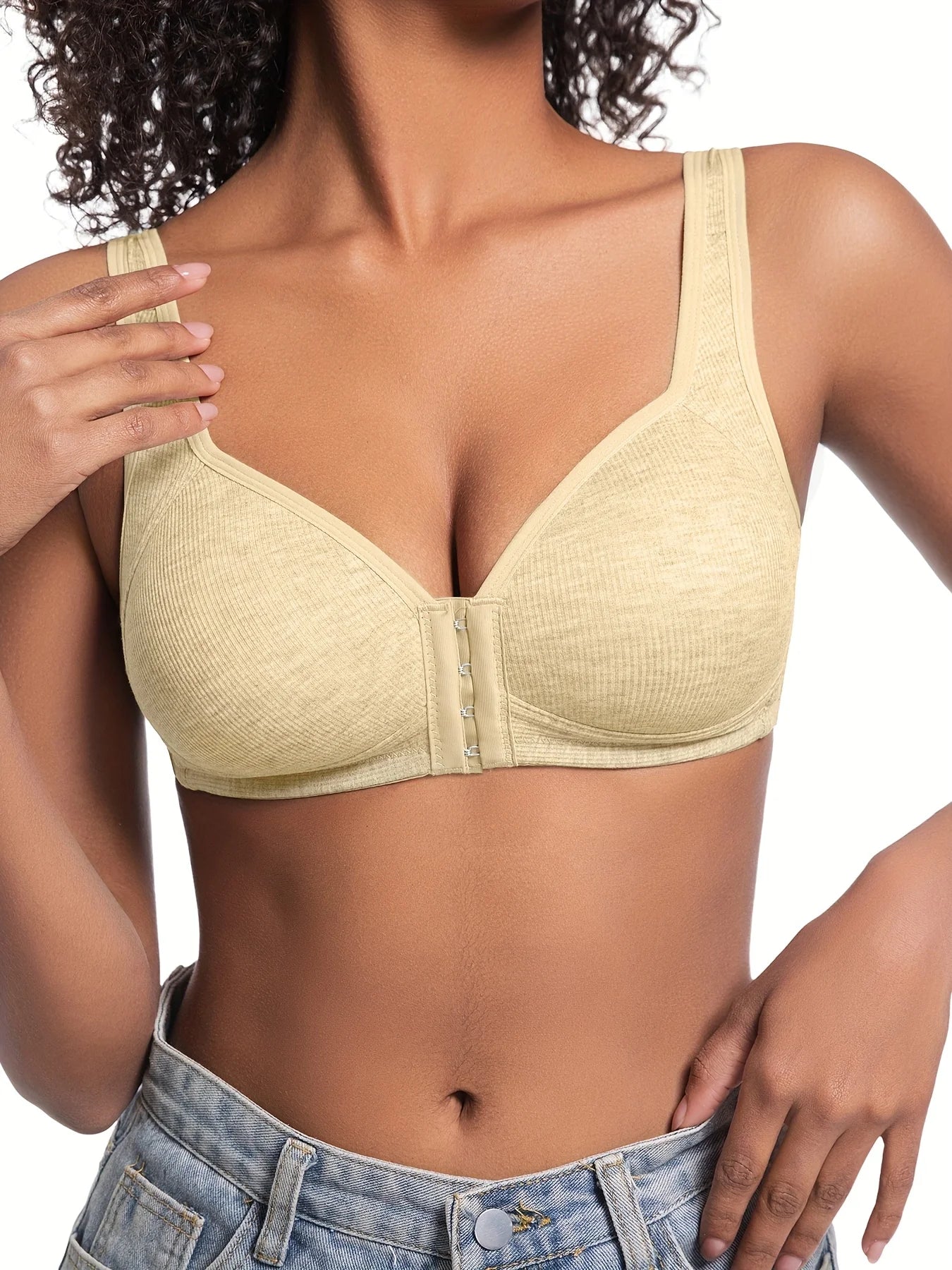 Sujetador de mujer sin aros con cierre frontal, color sólido, cobertura total, copas fijas, más consideradas para personas de mediana edad y mayores individuales