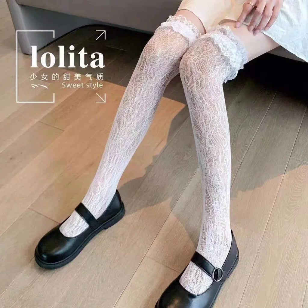 Calcetines hasta el muslo de rejilla estilo japonés para mujer, medias largas por encima de la rodilla con estampado de encaje a rayas y corazón, con volantes, Kawaii