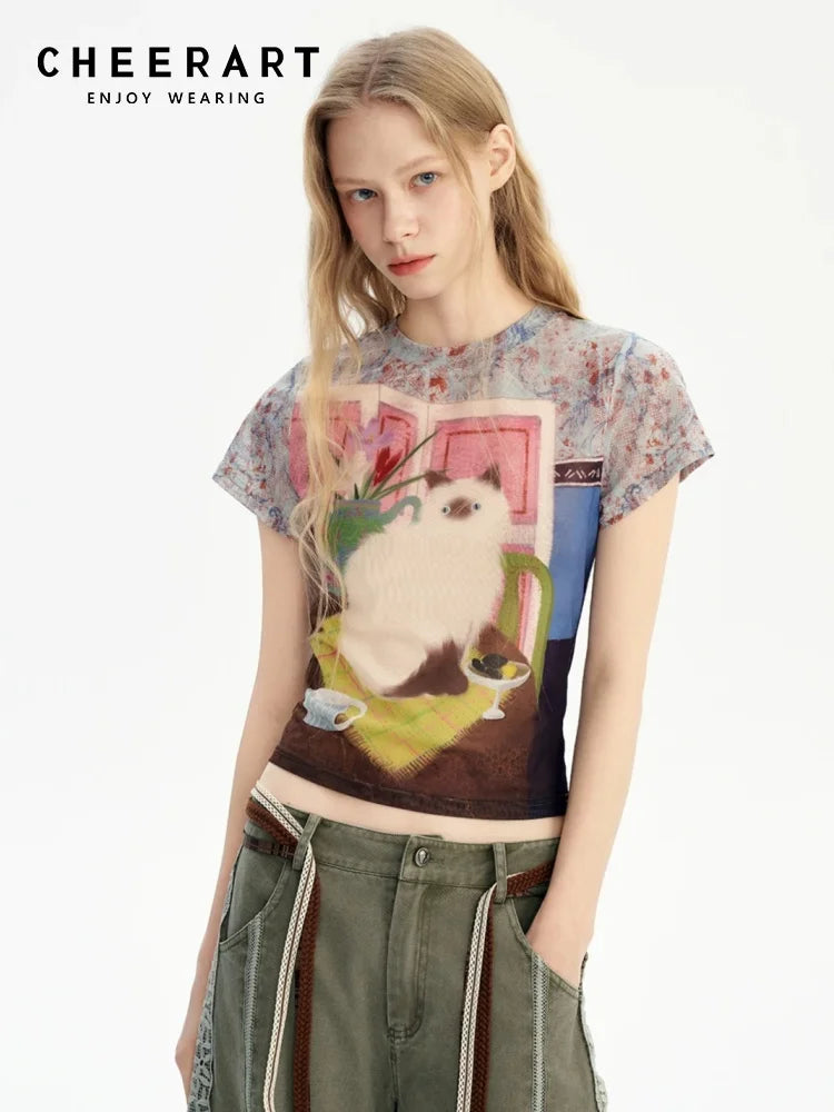 CHEERART-Tops de malla de diseñador de gato para mujer, camisetas gráficas, camisetas bonitas de manga corta, Tops cortos, productos de tendencia 2025