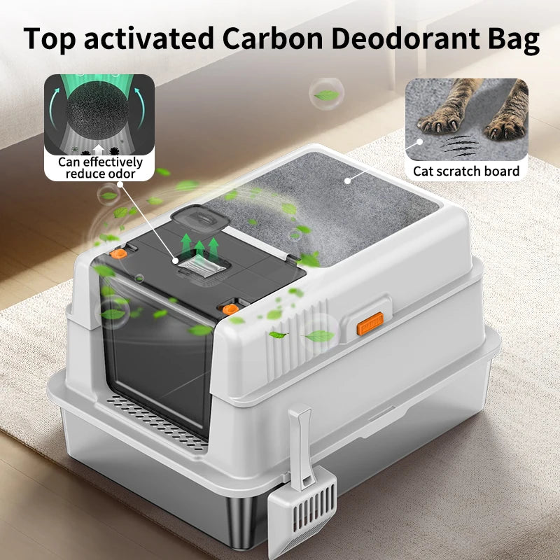 Caja de arena para gatos grande de acero inoxidable XXXL con tapa y almohadilla raspadora, 70 cm adecuada para cajas de arena para gatos de acero inoxidable extragrandes, 180 °     Tapa abatible y diseño tres en uno, adecua