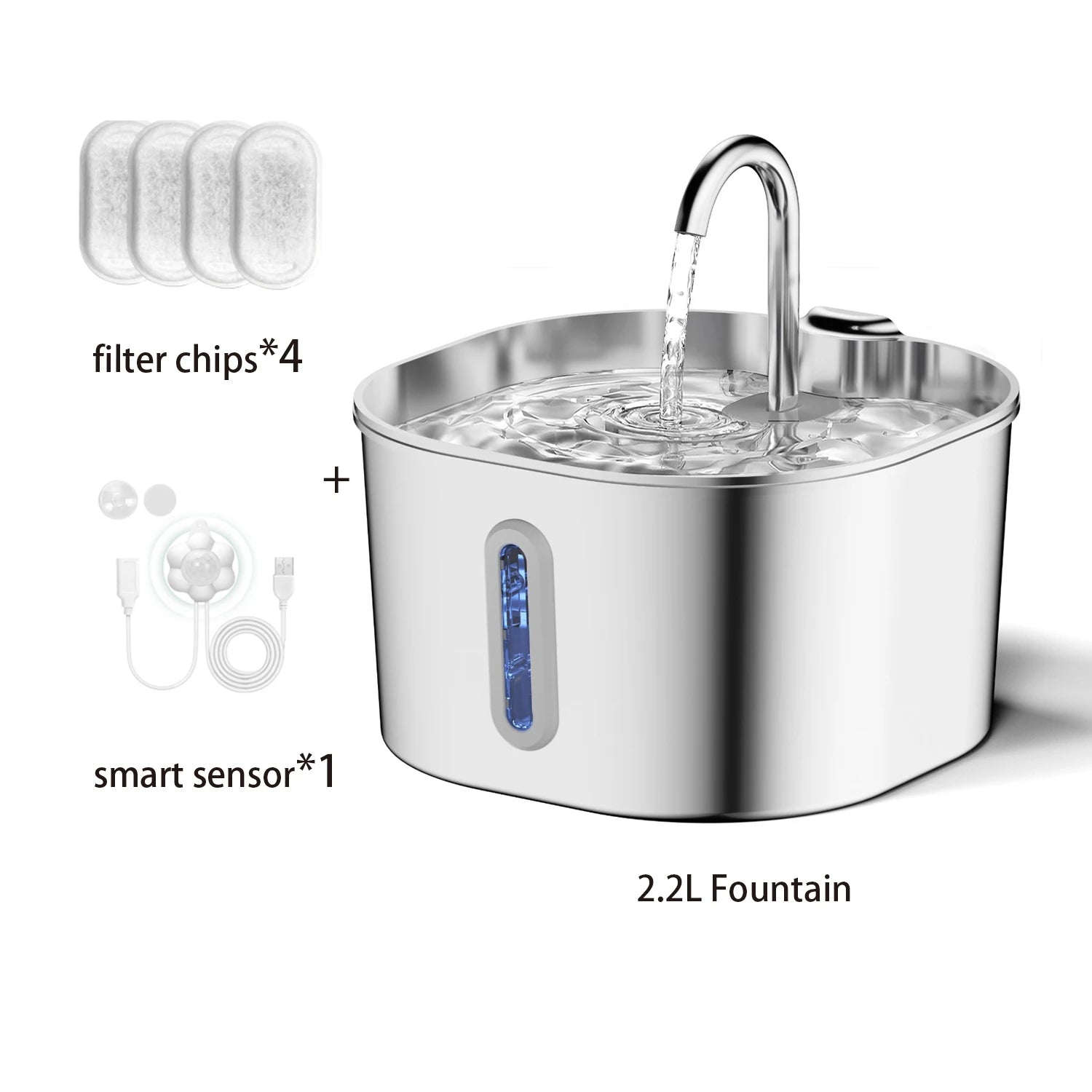 ZYFeeder Fuente de agua automática para gatos de 2,2 L, alimentador de agua cuadrado de acero inoxidable para mascotas, fuente de agua para perros con ventana (sin enchufe de 5 V 1 A)