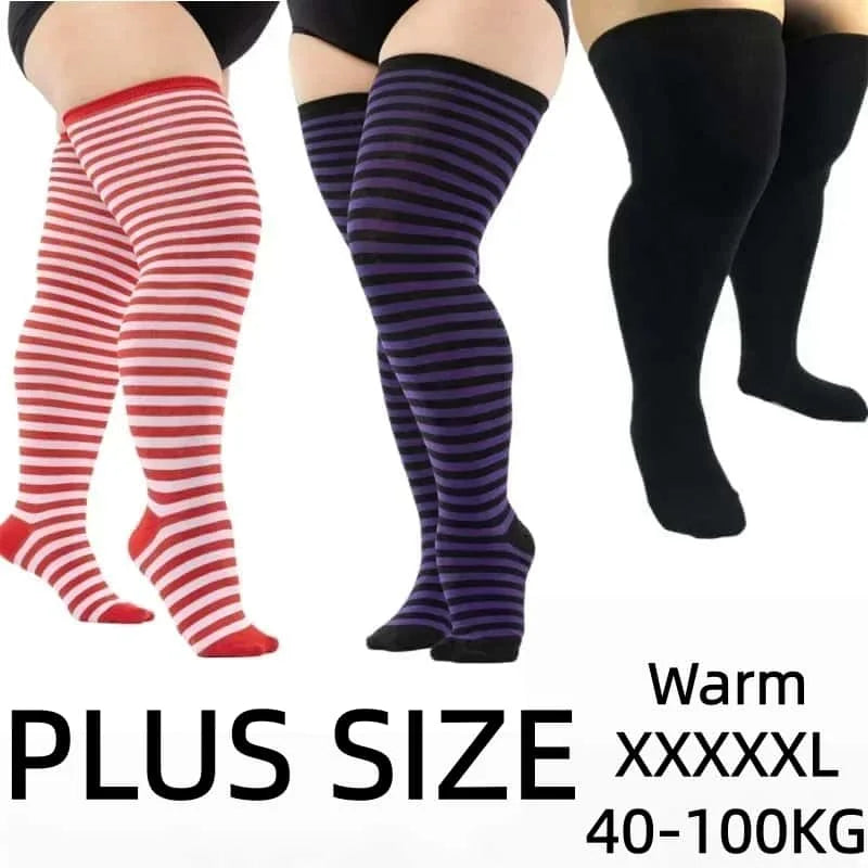 Calcetines largos a rayas blancas y negras, medias altas hasta el muslo elásticas por encima de la rodilla de talla grande, calentadores de piernas para Otoño e Invierno para mujeres de gran tamaño XL