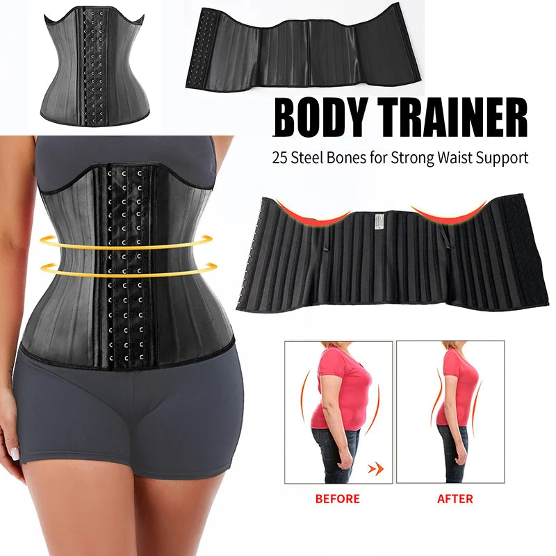 Entrenador de cintura de látex con 25 huesos de acero, corsé moldeador adelgazante de vientre para mujer, faja reductora con correa de modelado