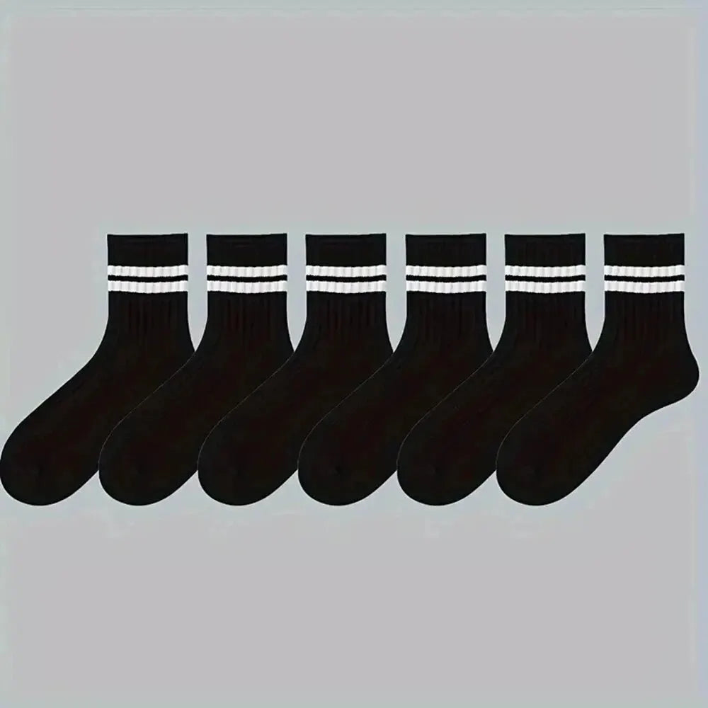 6/10 pares de calcetines para hombre, calcetines sencillos informales a rayas blancas y negras para primavera y otoño, calcetines transpirables de tubo medio, calcetines de cuello redondo de alta calidad