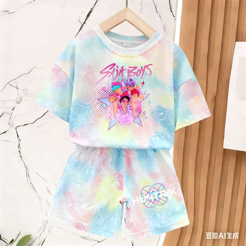 Nuevo Conjunto de Camiseta y Pantalones para Niñas, Ropa de Verano, Conjunto de Manga Corta con Estampado de Cara Sonriente, Conjunto de Camiseta y Pantalones Cortos para Niños