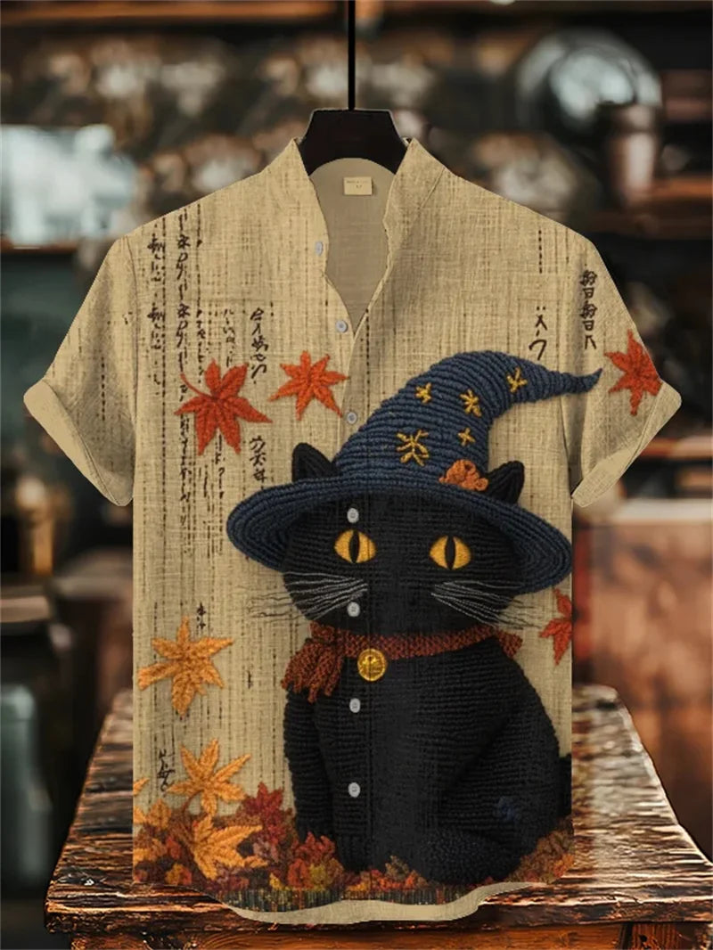Novedad de verano para hombre, camisa de manga corta con estampado de gato artístico, camisa de manga corta de lino Vintage para hombre, Top informal