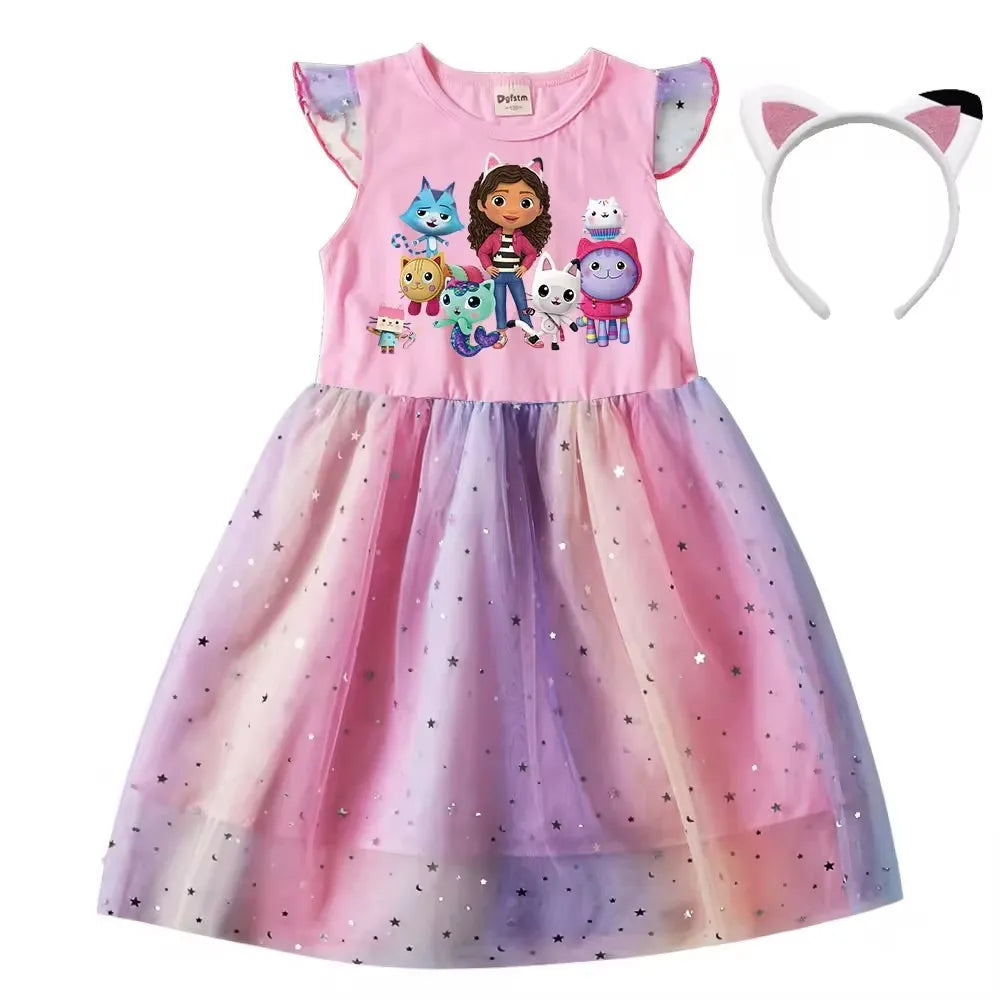 Vestido de gato de dibujos animados para niñas, vestido de princesa estampado con diadema, vestido tutú con mangas voladoras para niños, vestido de cumpleaños de Pascua