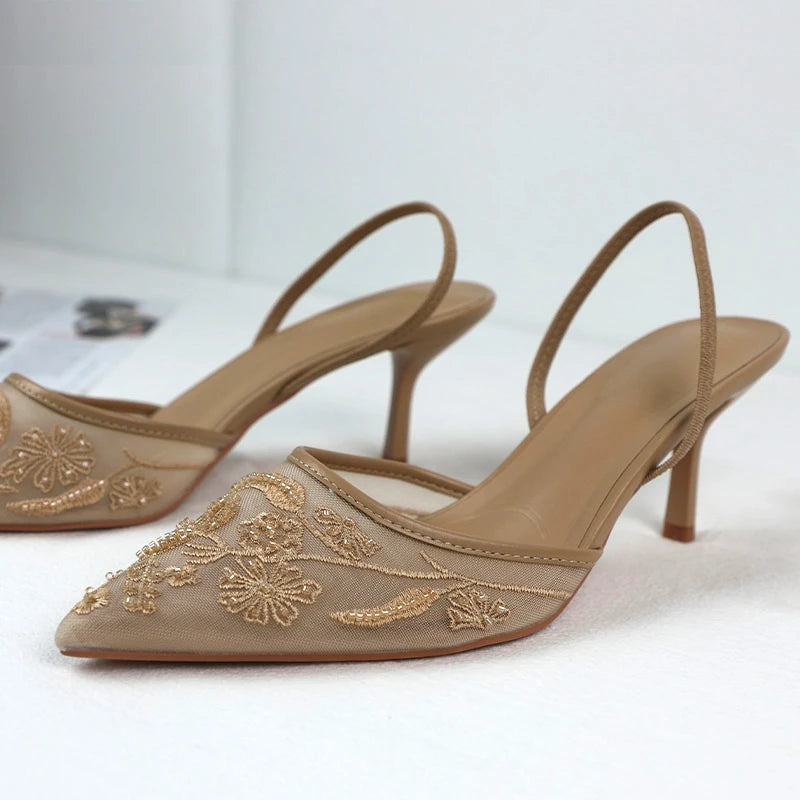 Sandalias de tacón alto de marca de lujo para mujer, zapatos de vestir de novia con bordado de malla, elegantes y puntiagudos, para fiesta de noche y boda
