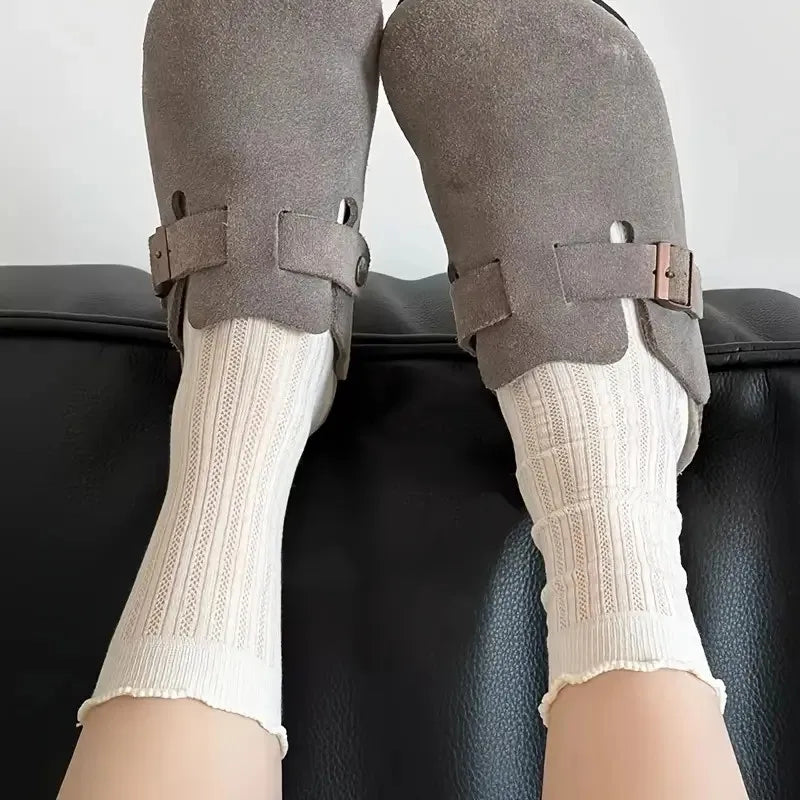 5/10 pares de calcetines de tubo medio de malla de Color sólido para mujer, calcetines informales ligeros transpirables de moda con borde ondulado estilo Ballet