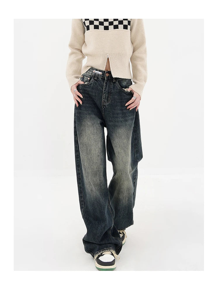 Ropa de calle Harajuku, moda Retro, pantalones vaqueros de cintura alta para mujer, pantalones vaqueros holgados rectos de pierna ancha Y2K, pantalones holgados