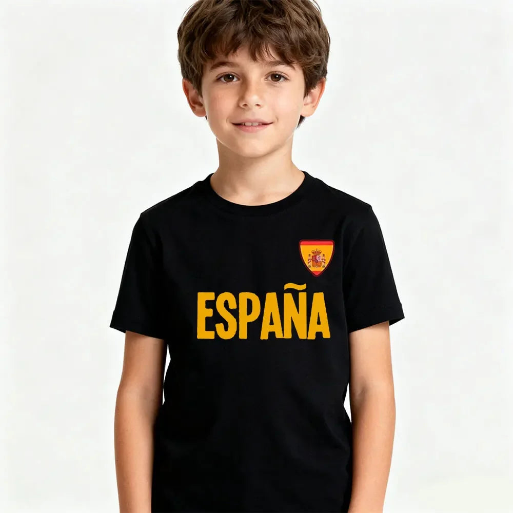 Camiseta ESPANA, ropa informal para la vida diaria de los niños españoles, cuello redondo, camiseta de algodón con estampado del emblema nacional