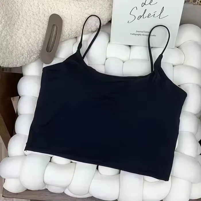 Top con sujetador de verano para mujer, Top corto de seda helada, Tops de tubo sin costuras, camisola, ropa interior, moda coreana, Bralette con relleno liso, chaleco