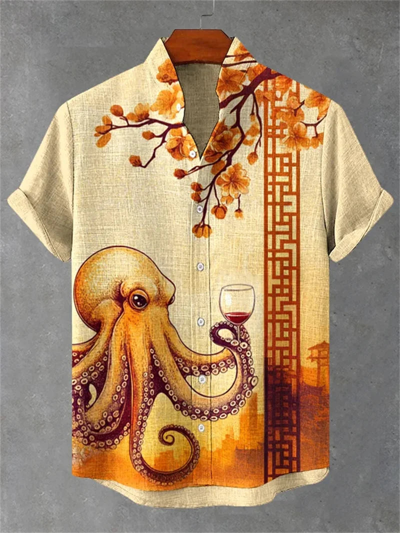 Novedad de verano para hombre, camisa de manga corta con estampado de gato artístico, camisa de manga corta de lino Vintage para hombre, Top informal