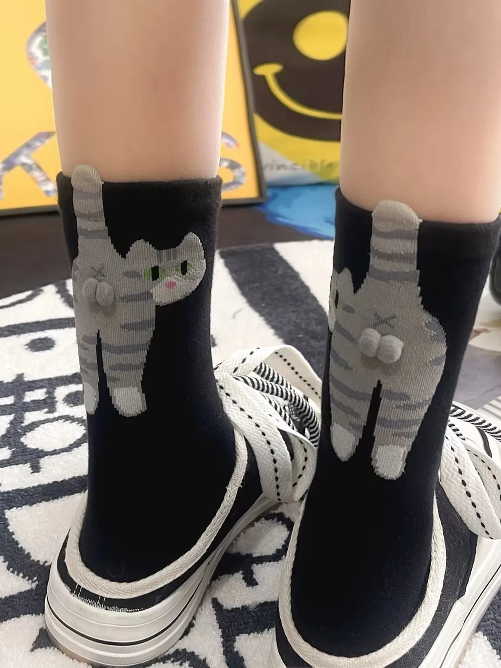 Calcetines Divertidos con Diseño de Gato, Negros/Blancos, Transpirables, Suaves, para Mujer, Novedad, Regalo Kawaii