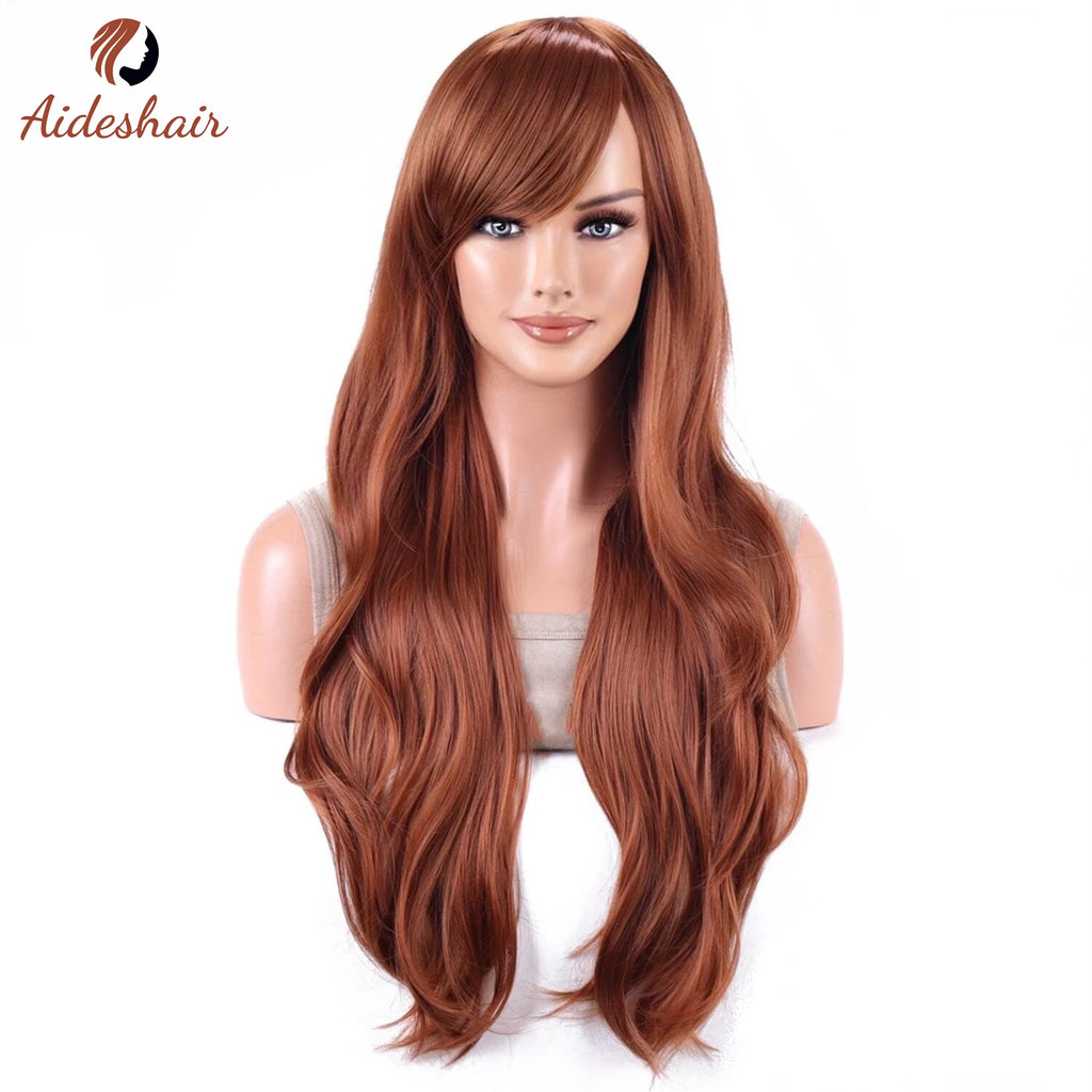 Peluca sintética Aideshair, pelucas de moda de 28 "y 70cm de largo, pelo rizado ondulado, peluca resistente al calor, peluca de Cosplay para mujeres con gorro de peluca gratis