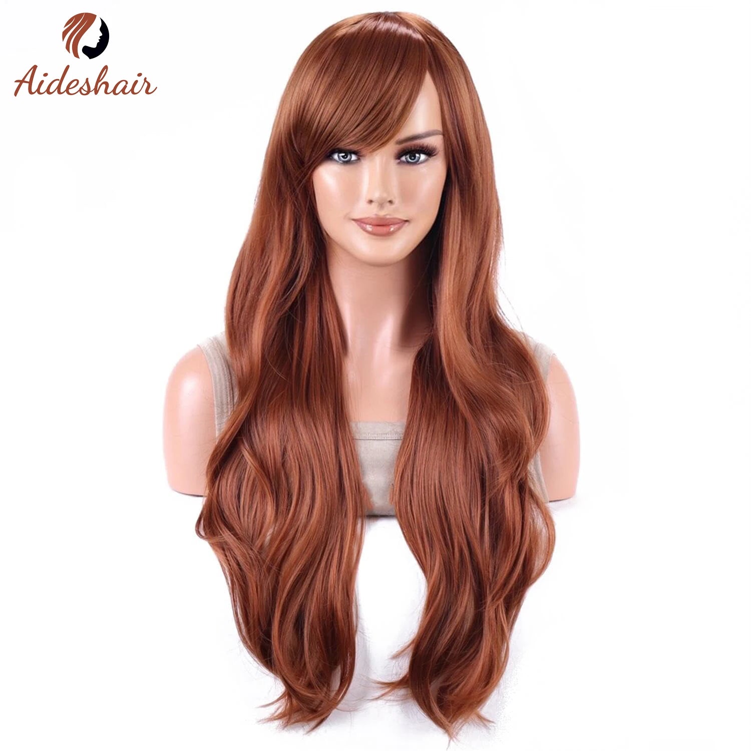 Peluca sintética Aideshair, pelucas de moda de 28 "y 70cm de largo, pelo rizado ondulado, peluca resistente al calor, peluca de Cosplay para mujeres con gorro de peluca gratis