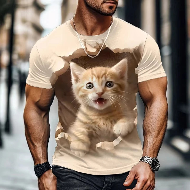 Camiseta con gráfico de gato divertido de verano para hombre, camisetas de manga corta con cuello redondo para ocio al aire libre, ropa holgada con estampado 3D para hombre, camisetas Harajuku