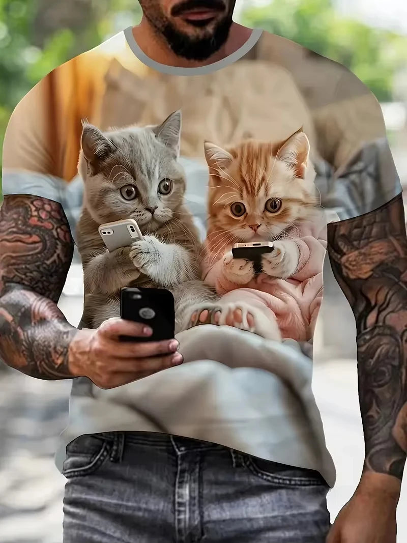Camiseta de gato divertida para hombre, diseño de gatos usando teléfonos en la camiseta, estilo Harajuku, manga corta.