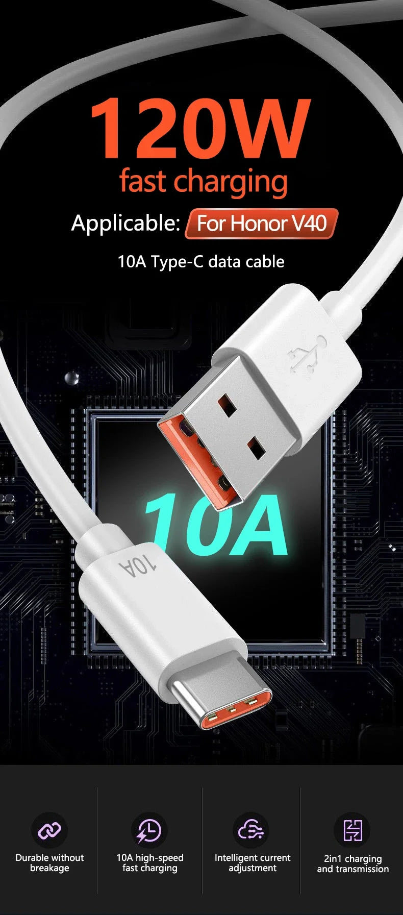 Cable Android 120W 10A USB a tipo C Cable de carga súper rápido para Huawei P40 Honor Cable de datos para Xiaomi Redmi 0,3/1M/1,5 M/2M