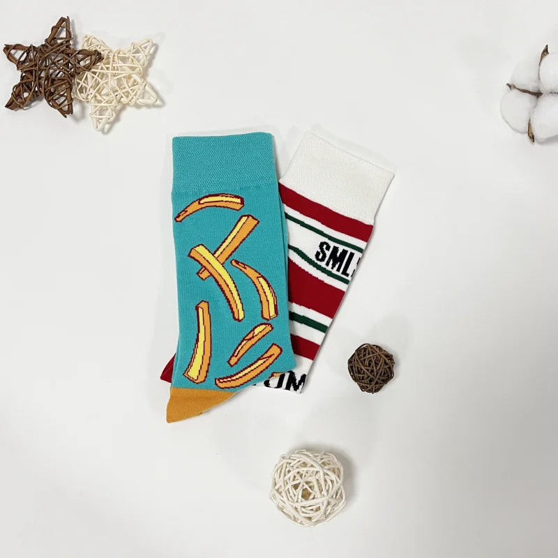 1 par Unisex divertido estilo AB tomate Ketchup French Fry impreso calcetines a media pantorrilla traje en todas las estaciones