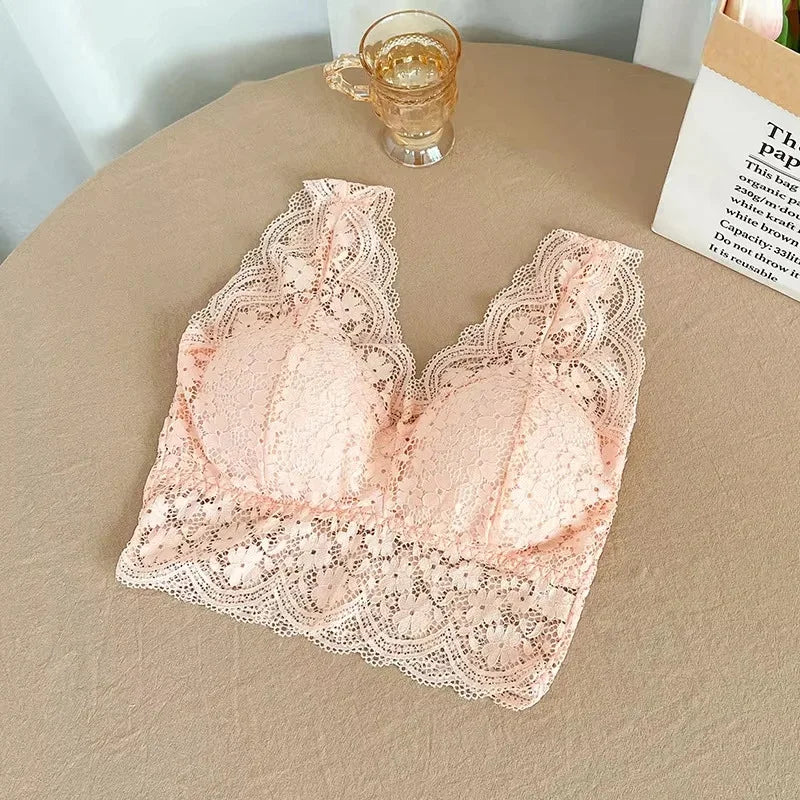Sujetadores de encaje para mujer, Top con escote en V profundo, lencería Sexy sin aros, camisetas sin mangas, ropa interior femenina, Bralette con espalda en V, camisola acolchada