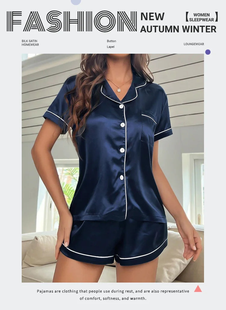 Conjunto de pijama de satén de seda para mujer, Top con botones y pantalones cortos, ropa de dormir con cuello con muescas, ropa de dormir de verano, 2 piezas