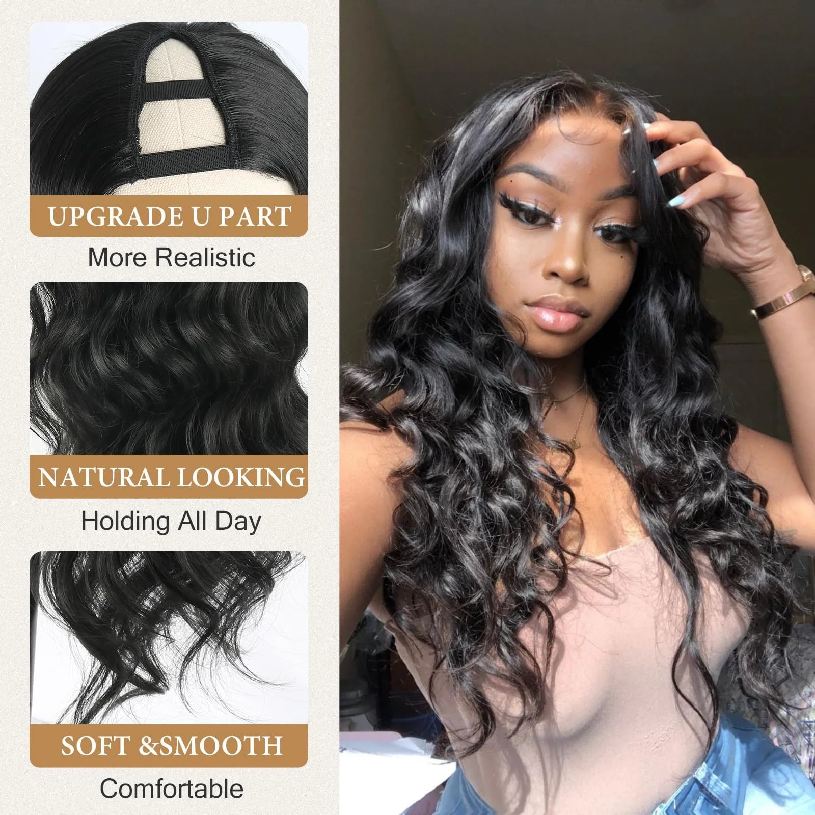 Pelucas con parte en V para mujeres negras, cabello humano con 250% de densidad, Clip para cabeza completa en media peluca sin dejar fuera, peluca ondulada para mujeres negras