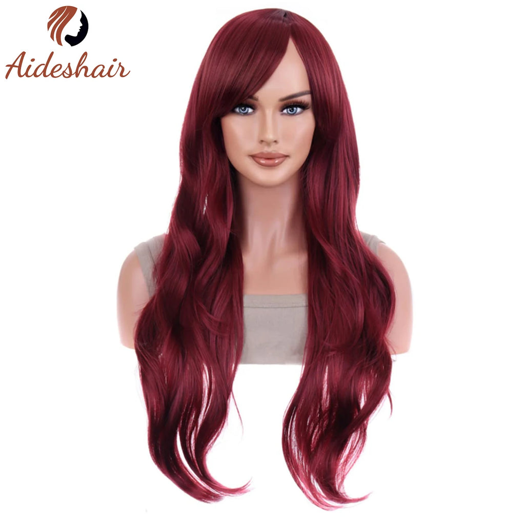 Peluca sintética Aideshair, pelucas de moda de 28 "y 70cm de largo, pelo rizado ondulado, peluca resistente al calor, peluca de Cosplay para mujeres con gorro de peluca gratis