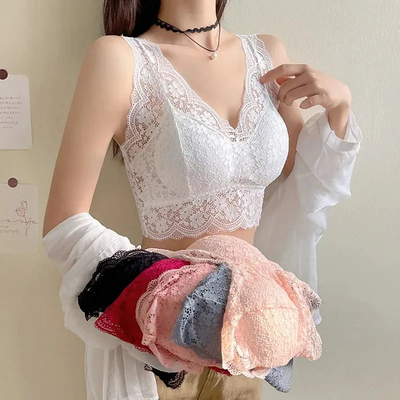 Sujetadores de encaje para mujer, Top con escote en V profundo, lencería Sexy sin aros, camisetas sin mangas, ropa interior femenina, Bralette con espalda en V, camisola acolchada