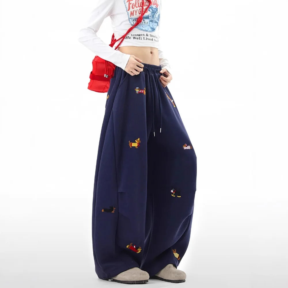 Pantalones de chándal holgados con bordado de perro salchicha, joggers casuales de pierna ancha, estilo streetwear para parejas, divertidos, a la moda y cómodos.