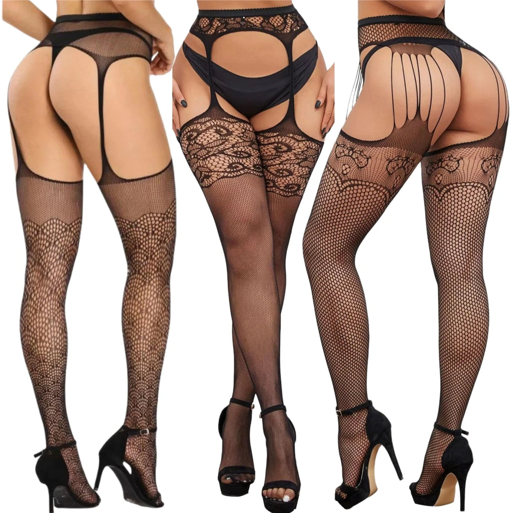 SIMPLEJWEL pantimedias sexis sin entrepierna ahuecadas medias de red de seda negra bragas de cintura alta vestido Sexy