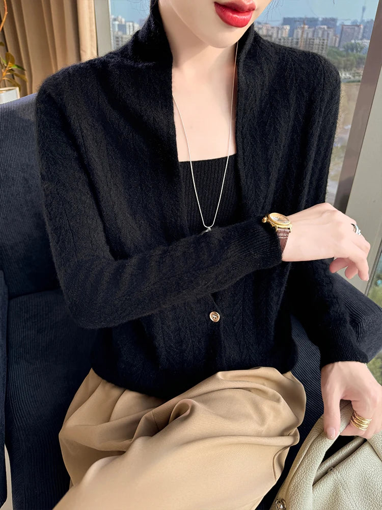 Cárdigan con cuello de bufanda para mujer, Tops, Otoño Invierno, nuevo suéter elegante de lana merina de 100%, suéter de lana elegante para mujer, blusa suave elegante